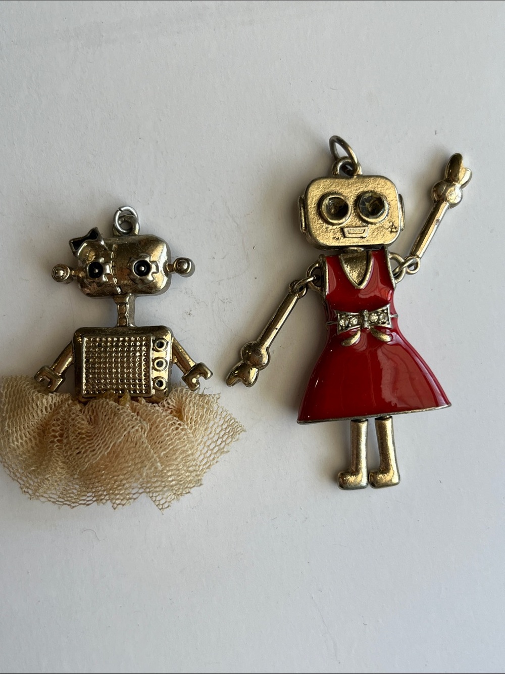 Gold Robot Charms with Red Enamel Dress and Tulle Skirt